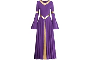 IMEKIS Women Metallic V Neck Praise Dance Dress Liturgical Worship Costume Bi Color Bell Long Sleeve Church Robe Praisewear