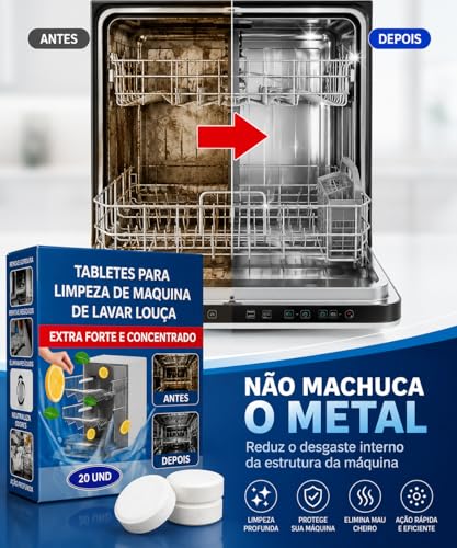Pastilhas para Limpeza de Lava-Louças – Kit com 20 Unidades | Elimina Gordura, Mau Cheiro e Resíduos | Compatível com Todas as Máquinas