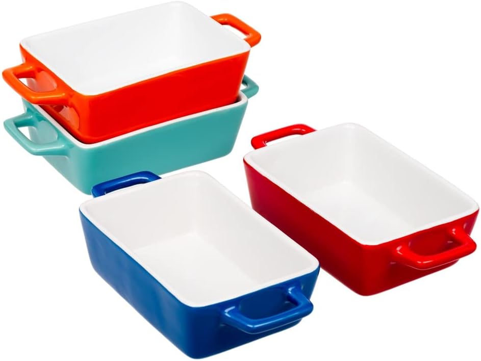Invero 4x Mini Stoneware Rectangular Bake Dishes Set Red Blue Orange Green