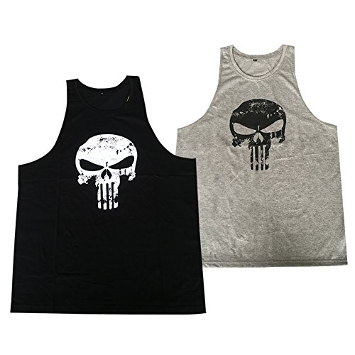 GZXISI Mens Skull Print Stringer Bodybuilding Gym Tank Tops Workout Fitness Vest (2 Pack:Black,Gray, Large)