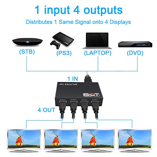 HDMI Splitter 1 in 2 3 4 Out WEILIANTE 4K Aluminum Ver1.4 HDCP 1X4 Ports Video Converter, Supports 3D 4K Full HD1080P for Xbox PS4 PS3 Fire Stick Roku Blu-Ray Player Apple TV HDTV