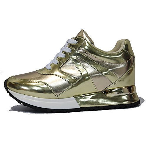 Womens Glitter Metallic Bicolor Heeled Fashion Sneakers (7.5-8 B(M) US, bronze)