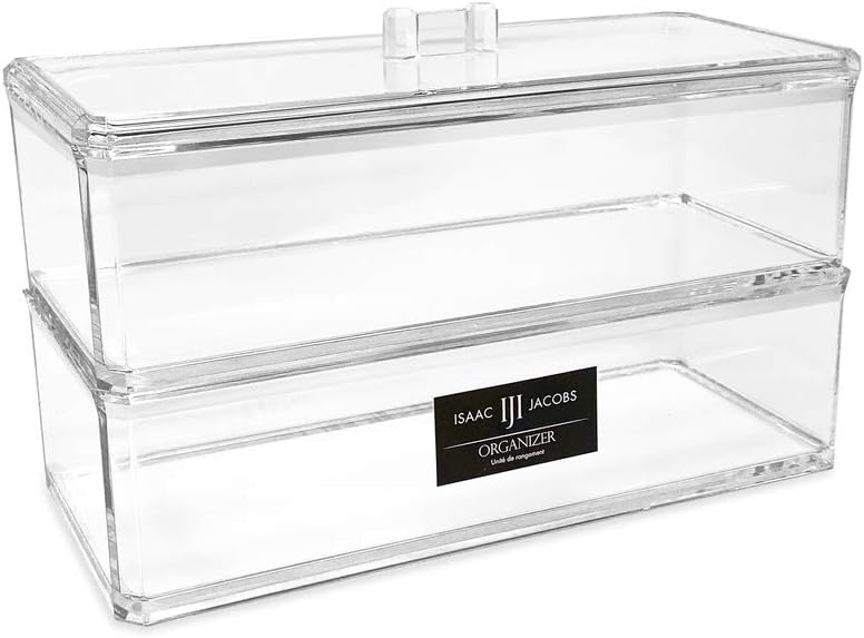 Isaac Jacobs Clear Acrylic Rectangular Stackable (2-Pack) Storage Organizer with Lid, Drawer Tray, Multi-Functional Tray, Bathroom, Kitchen, Home, Office, Desk, Drawers