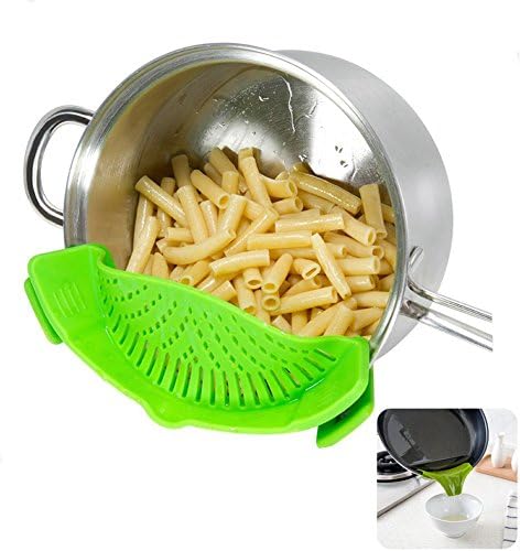 Clip-on kitchen food strainer for spaghetti, pasta, ground beef grease and more, colander and sieve snaps on bowls, pots and pans, Set includes Silicone diversion nozzle (Green)