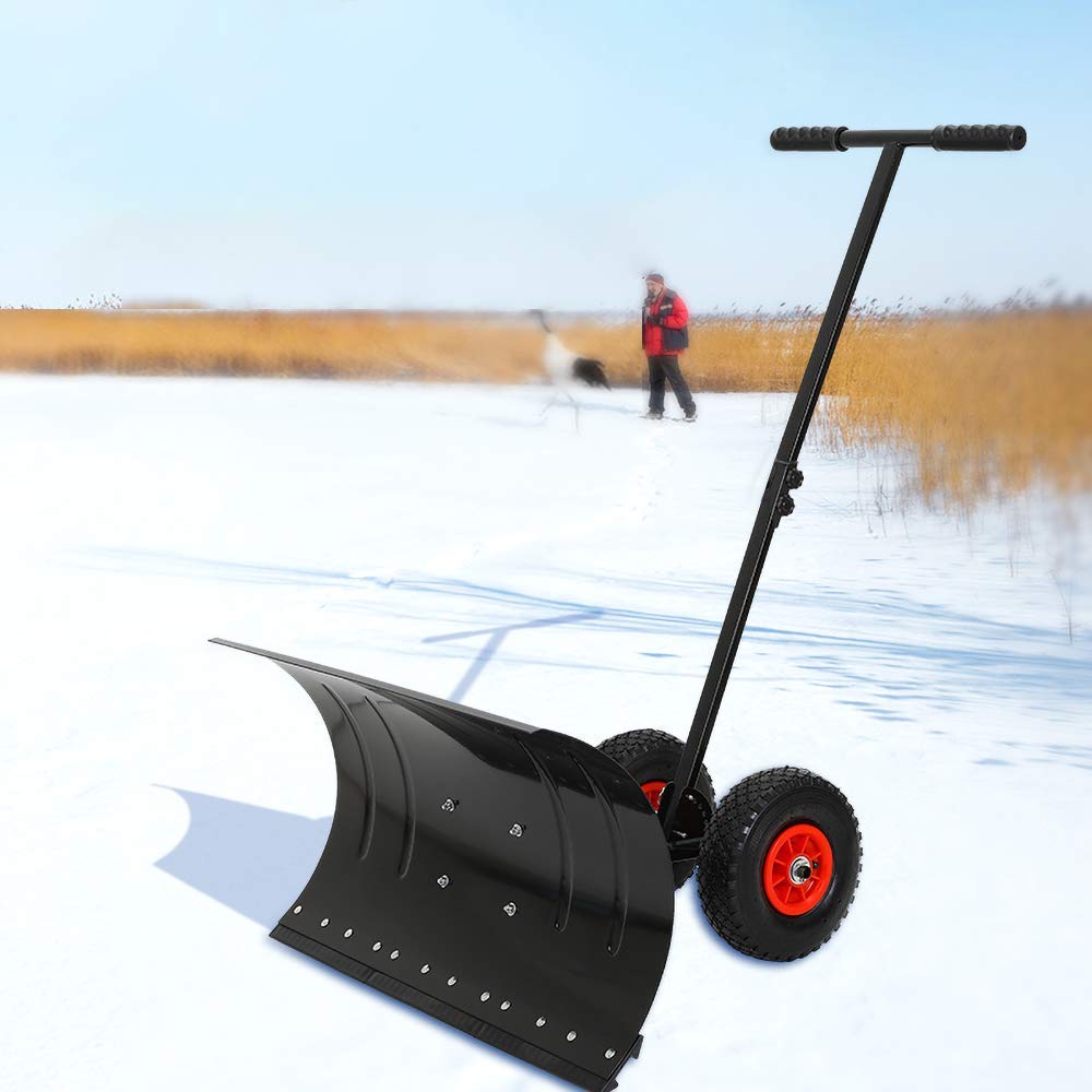 JOYBASE Snow Pusher Shovel, Adjustable Snow Shovel With Wheels, Rolling Snow Plow Shovels