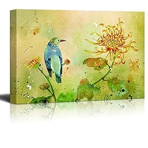 Canvas Wall Art Beautiful Abstract Flowers and Birds Painting Artwork for Home Prints Framed - 12x18 inches