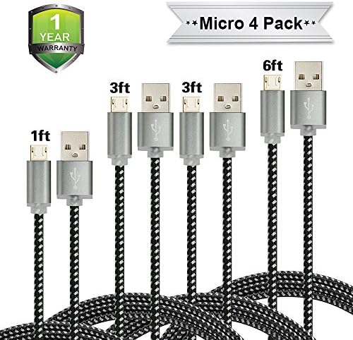 Kinbashi Micro to USB Cable Nylon Braided 4 Pack Android Cell Phone Charger (1ft, 3ft, 3ft, 6ft) for Samsung, LG, Sony, HTC, Nokia, Huawei and Most of Android Smart Phones