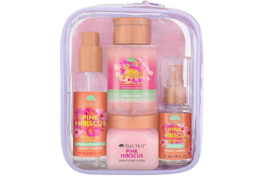 Tree Hut Pink Hibiscus Everything Shower Gift Set, 4 Piece Kit, Travel Size | Exfoliating Body Scrub, Body Wash, Shave Oil &