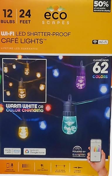 ECO SCAPES CAFE LIGHTS CLASSIC COLOR CHANGING STRING LIGHTS, 24FT BLACK CORD, 12 BULBS SHATTERPROOF ACRYLIC BULBS, WEATHERPROOF, WI-FI DIMMABLE RGB LED, OUTDOOR STRING LIGHTS 62 COLORS, 74748