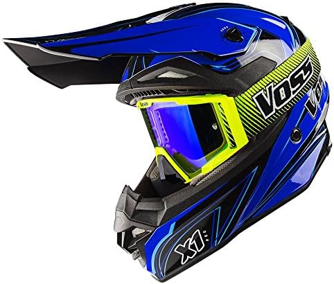 Voss X1 Pro Magneto Graphic Motocross Helmet with Quick Release and Green BLAZE MX Goggles set - XL - Blue Magneto