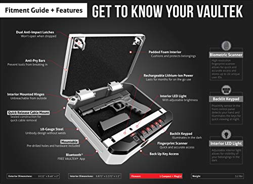 Vaultek VT10i Lightweight Biometric Handgun Bluetooth Smart Safe Pistol Safe with Auto-Open Lid and Rechargeable Battery (Not Compatible with Smart Key) - Thumbnail 4