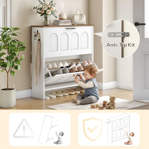 HOOBRO Flip Shoe Cabinet, Narrow Storage with Arch-Patterned Doors, Adjustable Shelves, Entryway Organizer for Hallway, Small Spaces, White and Walnut WH42SC01