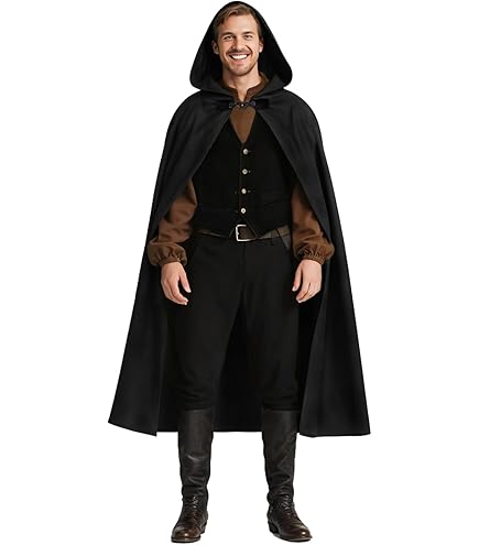 Cape De Costume Médiéval Avec Capuche Pour Homme Et Adulte, Cape à Capuche De La Renaissance Avec Broche Feuille Verte, Collier, Noir, Taille L