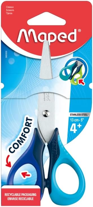 Tijeras Escolares para Niños Maped, Sensoft 13 cm Diseño Ergonómico para Agarre Fácil, Aros Suaves y Seguros Cuchillas de Acero Inoxidable Modelos Surtidos Ideal para Manualidades y Uso Escolar