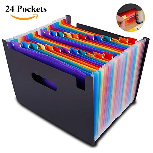 24 Pockets Explanding File Organizer Colorful With A4 Expandable File Organizer, Portable Accordion File Folder, Large Capacity, Plastic Stand Bag Colored Labels for Office/Business/Study