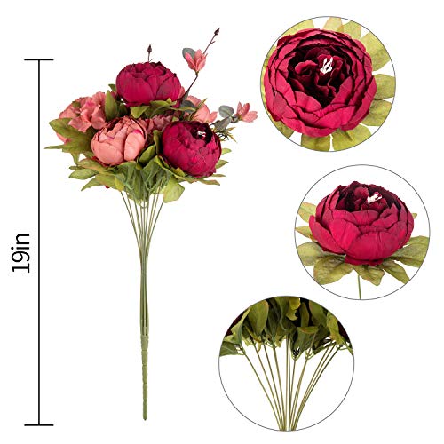 Flojery Silk Peony Bouquet Vintage Artificial Peonies Flower for Home Wedding Party Decor (1pcs, Burgundy)