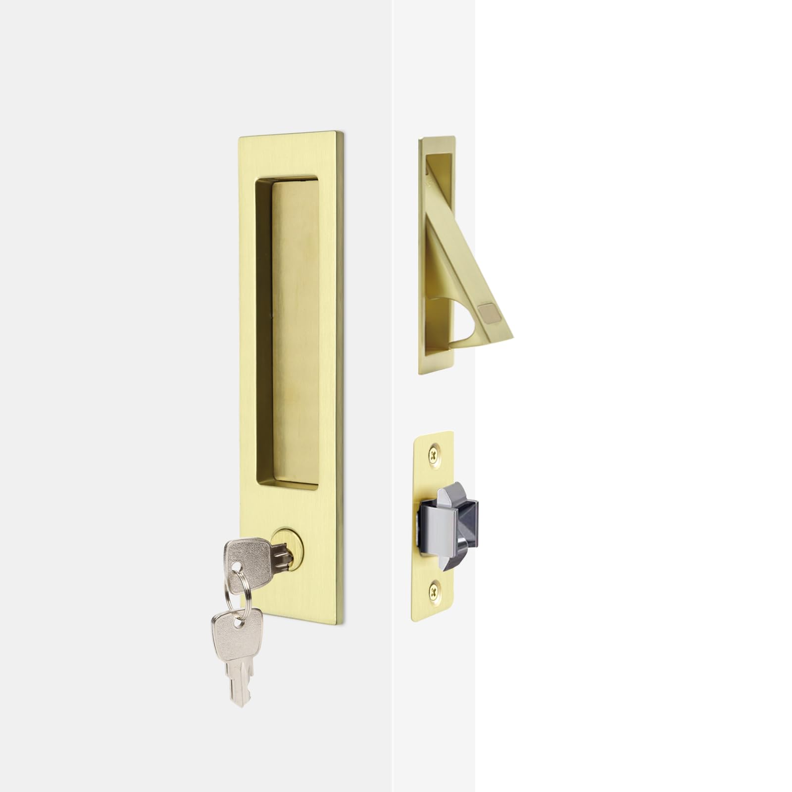 Photo 1 of Dontay Pocket Door Handle with Lock and Edge Pull, Narrow Modern Rectangular Keyed Entry Function, Recessed Sliding Door Hardware for 1 3/8” to 2 3/16” Thickness Door (1, Satin Brass)