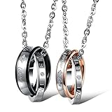 INBLUE Men,Women's 2 PCS Stainless Steel Pendant Necklace CZ Silver Gold Tone Black Ring Love Couple -With 20 and 23 Inch Chain