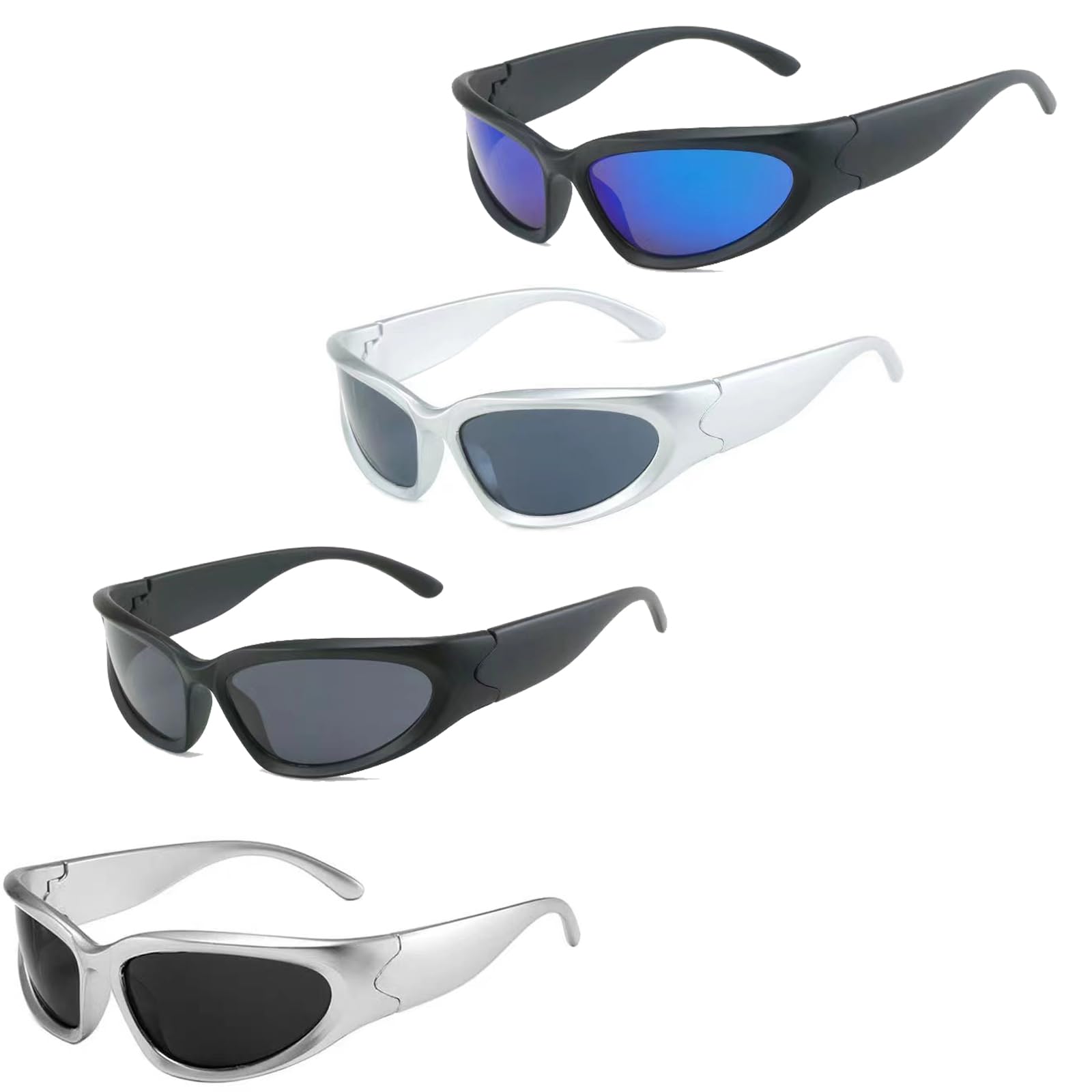 YQBFTC Y2K Cycling Glasses for Men Women,4Pcs Stylish Oval Running Sunglasses,Wrap Around Sports Sunglasses,UV400 Protection Fashionable Futuristic Oval Sun Glasses for Running Cycling