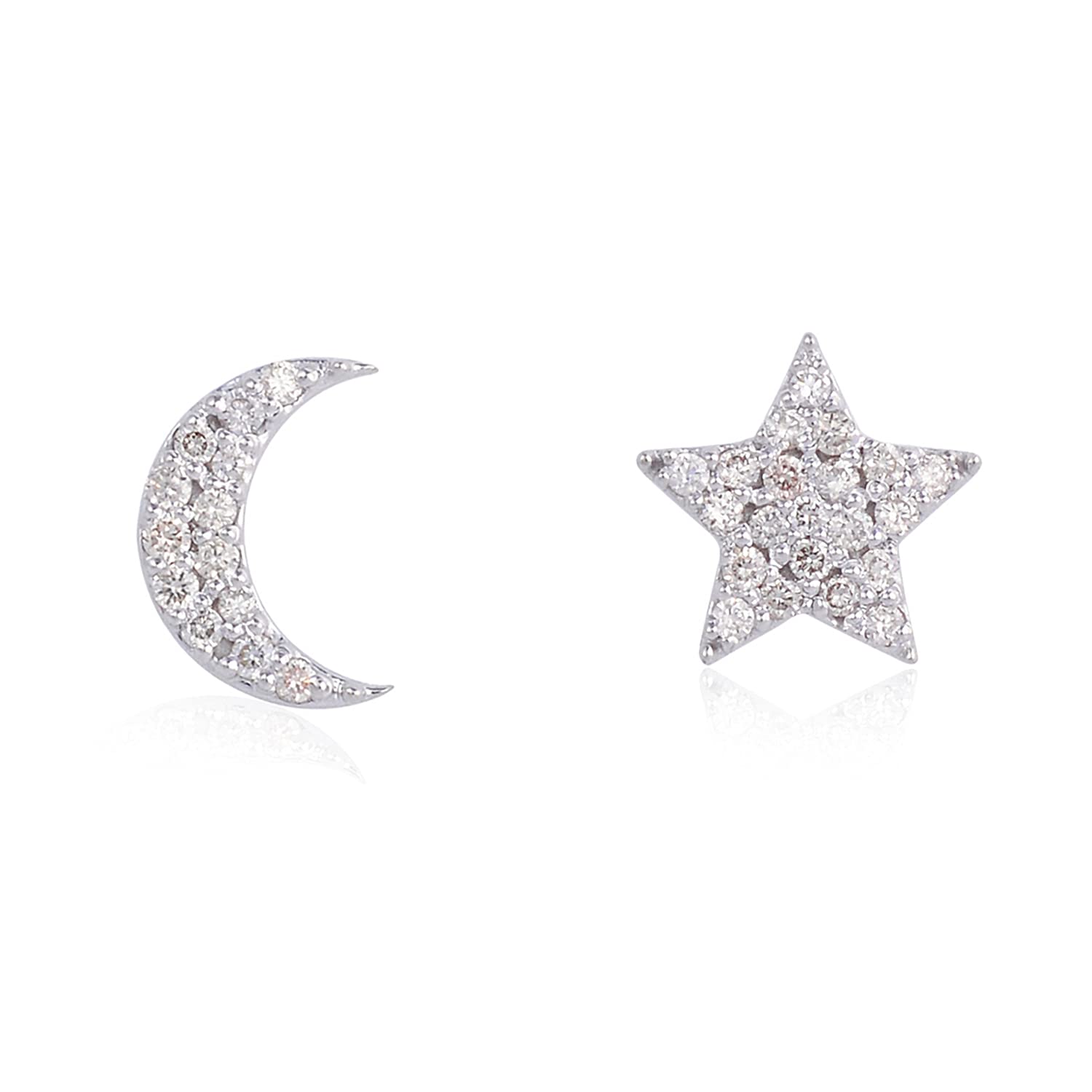 Shweta Creation Diamond Studded Star and Moon Stud Earring with Prong Setting| 0.19 Ct Natural Brilliant cut Diamond 0.12 Ct| Fine Jewelery For Her