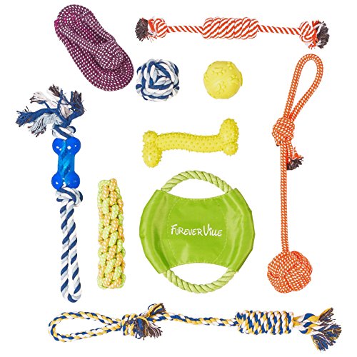FureverVille Dog Toys Gift Set - Assorted Pack of 10 Tough Dog Toys for Small to Medium Dogs - Knot, Frisbee, Chew, Tug of War, Squeaky Ball, and Rope Toys - Alleviates Boredom - Encourages Bonding