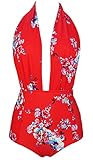 COCOSHIP Red & White & Jade Pink Garden Floral Retro One Piece Backless Bather Swimsuit Pin Up Swimwear Beachwear XL(FBA)