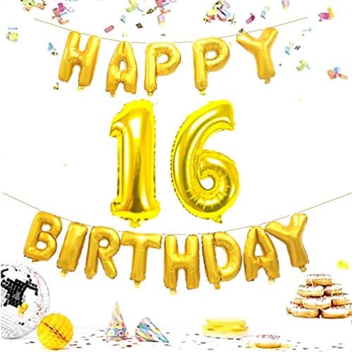 KEYYOOMY Number 16 Balloons Gold with Happy Birthday Balloons for Sweet 16 Birthday Party Decorations