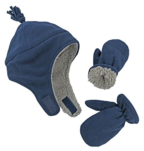 N'Ice Caps Boys Sherpa Lined Micro Fleece Pilot Hat and Mitten Set (2-3 Years, Navy)