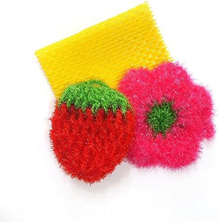 Cleaning Sponge Pad Net Cloth Set 3PACK for Washing Dishes Durable Dish Scrubber, Fruit Shape Scrubbing Pad Handmade to make acrylic thread Kitchen Sponges Fast Drying (3, Red+Pink)