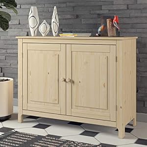 Sideboard Storage Cabinet with 2 Doors and Shelves/Unfinished Solid Pine Wood Accent Cabinet