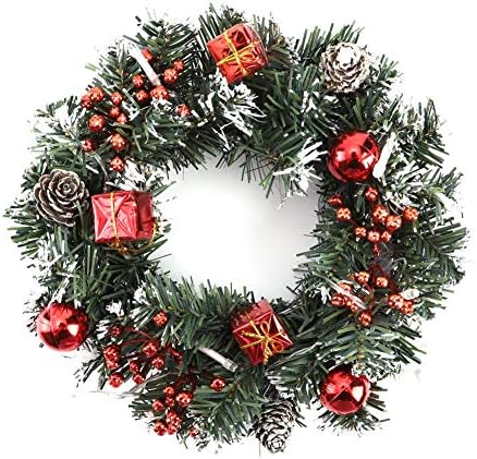 Savlot Christmas Wreath LED Lights 9.8 inch / 25 cm Pine Branches, Christmas Garland String for Front Door with Snow Red Berries Pine Cones Indoor Outdoor Xmas Door Stairs Battery Operated