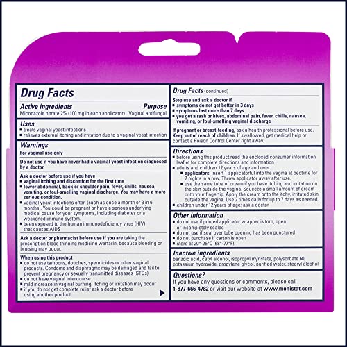 MONISTAT 7 DAY YEAST INFECTION TREATMENT FOR WOMEN, 7 MICONAZOLE CREAM APPLICATIONS WITH 7 DISPOSABLE APPLICATORS, 2 PACK