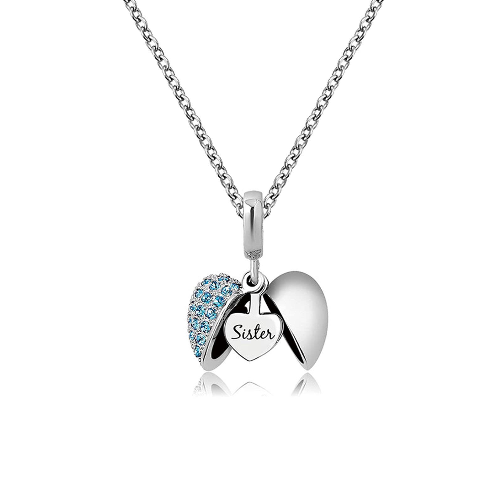KunBead Jewelry 18 inch Sister I Love You Blue Heart Charm Pendant Necklace