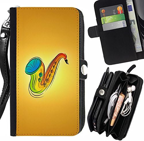 SHIMIN FOR SAMSUNG GALAXY S6 EDGE Saxophone Music Zipper Wallet With Strap Card Holder Case Cover