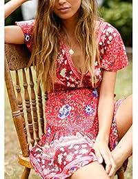 Vestido de verano para mujer, estilo bohemio, con cuello en V, con volantes florales