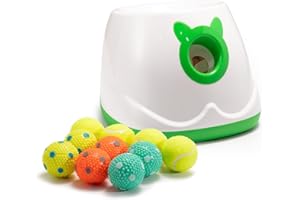 WIGGLYTAIL Automatic Ball Launcher for Dogs, Dog Fetch Ball Thrower Launcher, 4 Adjustable Distances, Interactive Pet Self Playing for Small Dogs and Puppies with 10 Balls (2 inches)