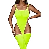 Kaei&Shi High Cut Bodysuit & Thigh High,Sheer Mesh Spaghetti Strap Sexy Tops Women,Low Back Snap Body Suit Rave Festival Club
