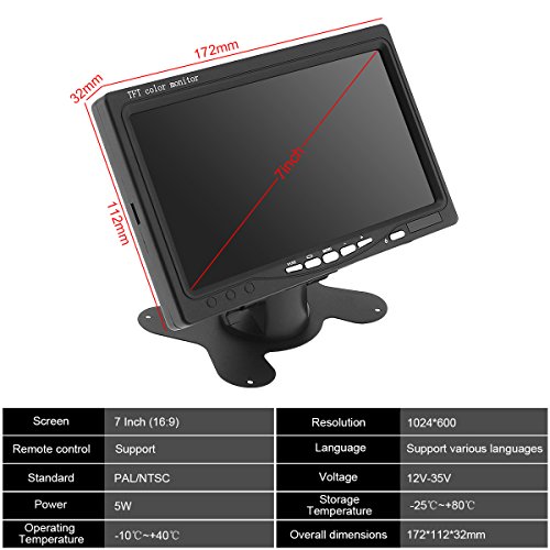 ePathChina Car Rear View Monitor 2 Video Input DVD VCD Headrest Vehicle Monitor Support Audio Video HDMI VGA 7 Inch 16:9 HD 1024600 TFT LCD Color