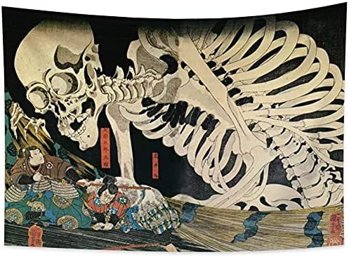 Tapestries - Renaiss 82.7x59.1 Inches Japanese Ukiyo-e Tapestry Awful Gashadokuro Skull Skeleton Japanese Tapestry Midnight Bell Fantasy Art Printing for Living Room Bedroom Dormitory Blanket Home Decor