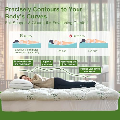 Whatsbedding Memory Foam Mattress Topper Queen Size, 5 Inches Slow Rebound Memory Foam Topper with Cooling Viscose Made from Bamboo Cover, Deep Pocket Designed Mattress Topper