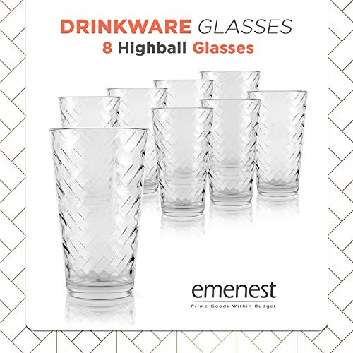Clear Drinking Glasses Set of 8 | Real Glassware with Heavy Base | 8 Highball Drinkware Tumbler Set For Water, Whiskey, Cocktails | Best Kitchen Gift - Thumbnail 4