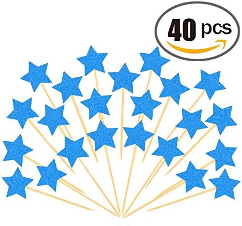 40pcs Twinkle Star Cupcake Toppers DIY Glitter Mini Birthday Cake Snack Decorations Picks Suppliers Party Accessories for Wedding Baby Shower (Coral Blue)