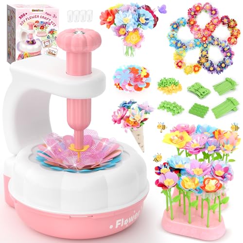 GirlsHome 300+PCS Fabric Flower Bouquets Toys, DIY Flower Crafts Kits for Kids, Arts and Crafts for Kids Ages 6-8 Girls, Build Flower Bouquet, STEM Educational Toy Preschool Gifts (White Pink)