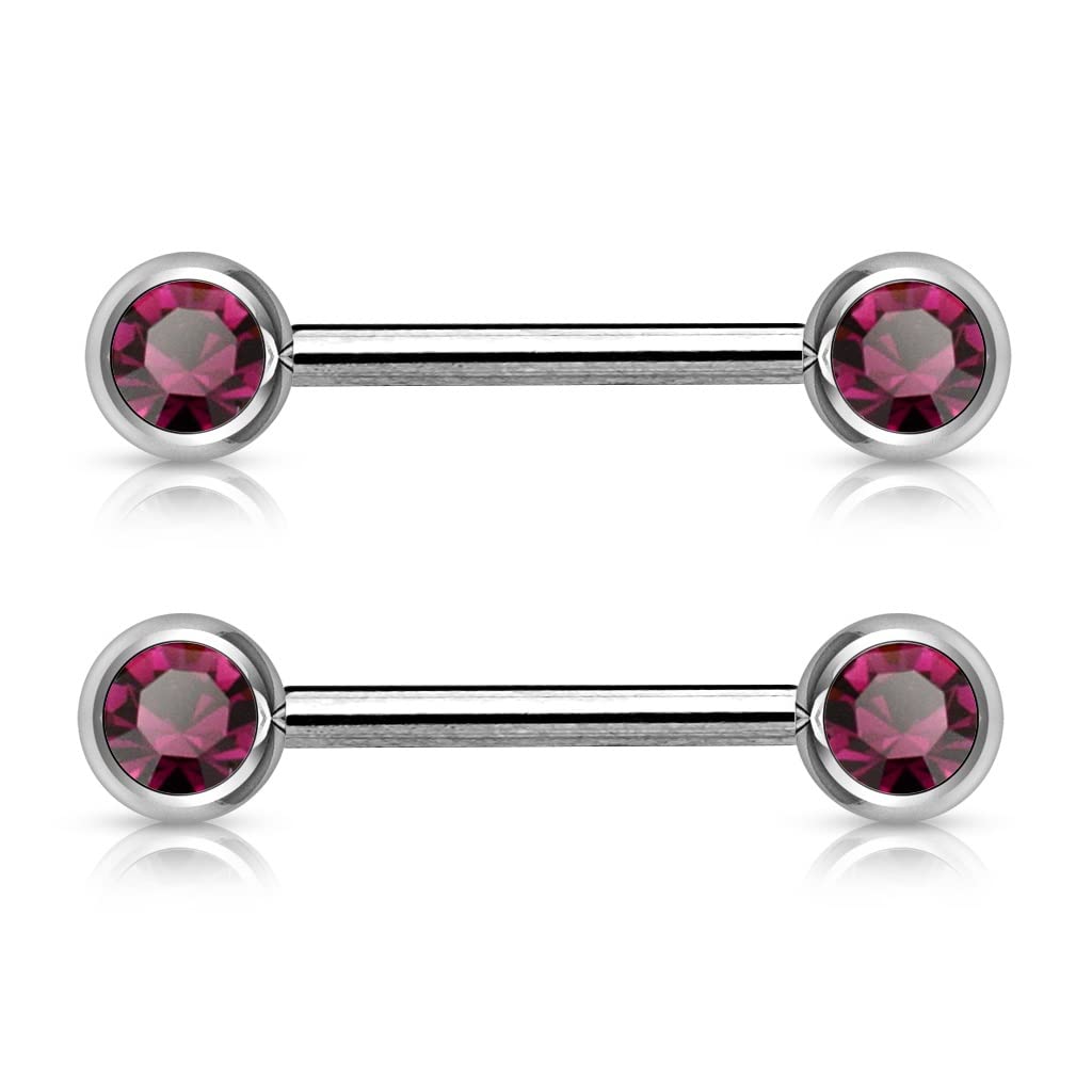 PiercedOff 316L Surgical Steel Nipple Bar with Forward Facing Purple CZ Gem Balls - Thickness 14GA (1.6mm) / Length 16mm / Ball Sizes 6mm - Sold as a Pack of 2 Nipple Bars