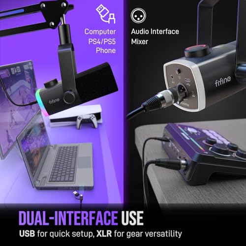 FIFINE Gaming Microphone Kit, XLR/USB Dynamic PC Microphone with Boom Arm for Podcast Recording, RGB Streaming Mic Set, Tap-to-Mute, Mix Control, Headphone Jack-AmpliGame AM8PROT