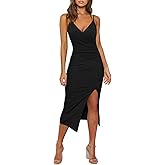 WAYMAKER Women's Sexy V Neck Spaghetti Strap Sleeveless Wrap Ruched Side Slit Bodycon Cocktail Party Wedding Guest Dress