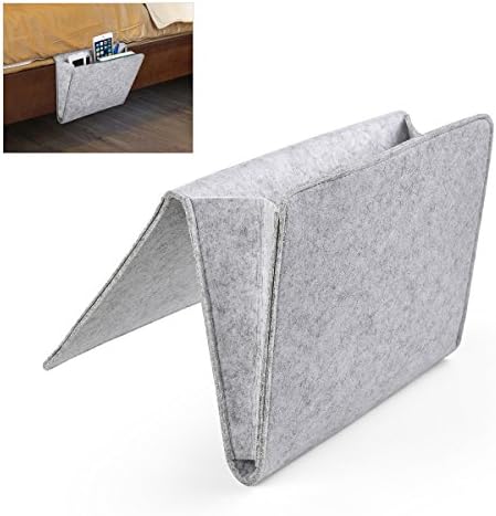 [Upgraded Version] Daite Super Thick Felt Bedside Caddy Organizer for Phone, Remote, Magzine etc. Cardboard Inserted, Inside 2 Small Pockets and Side Hole for Recharging Cable(Light grey with hole)
