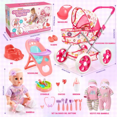 HappyGoLucky Baby Stroller with 28 cm Doll, Clothes and Accessories Dolls Roleplay Girl 3-7 Years Dolls Pram Gift Girl 2-8 Years Toys Child