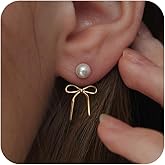 HEVOCY 14K Gold Pearl Bow Earrings for Women: Trendy Bow Earring Dainty Drop Pearl Hypoallergenic Studs Dangle Earrings Jewelry Gifts