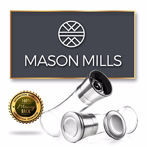 Stainless Steel Salt and Pepper Grinder Set - Two Piece Set - Glass and Stainless Steel Mill - Large Capacity Shakers - Top Loading Design By Mason Mills - Thumbnail 2